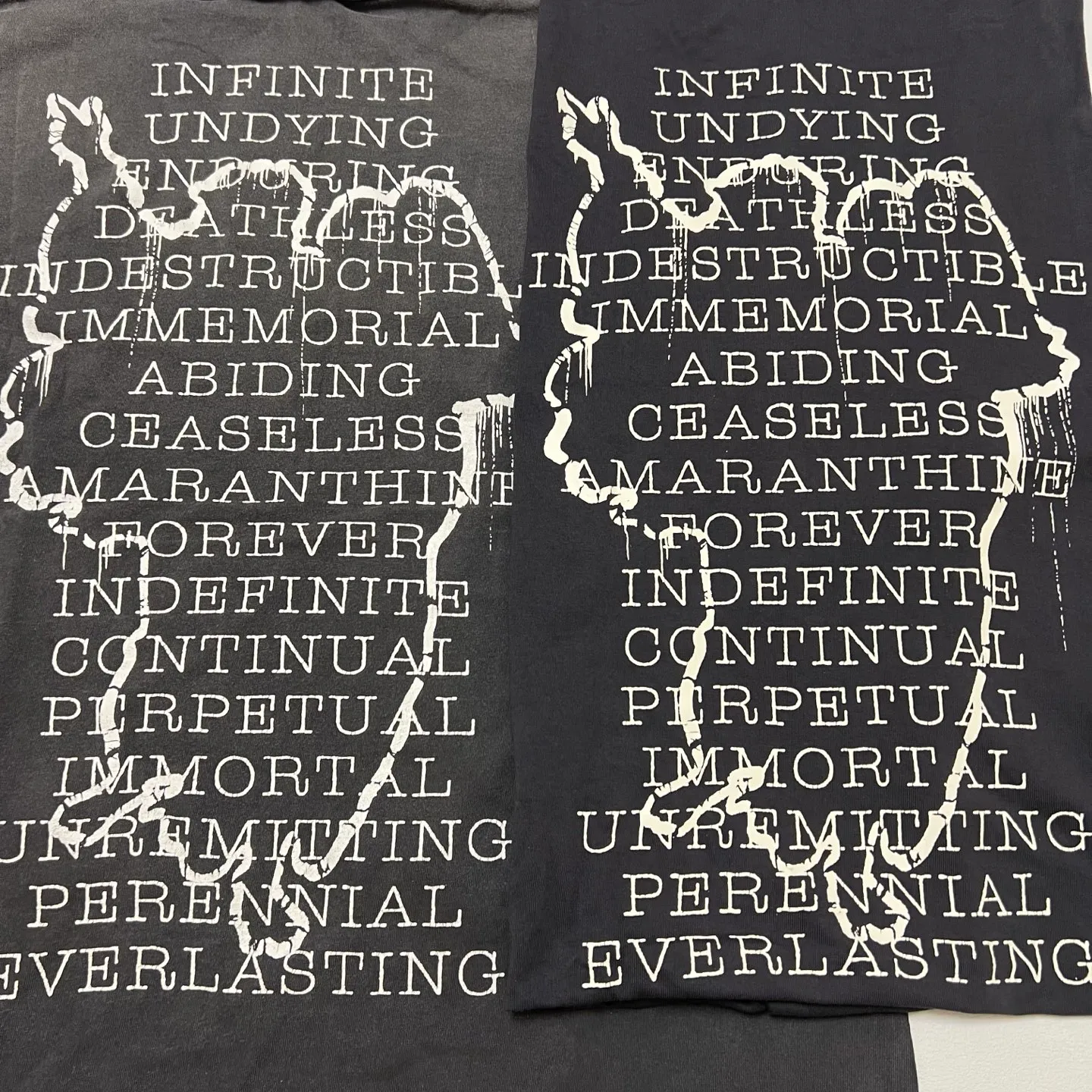 Printing and pattern comparison SAINT Mxxxxxx SS TEE/HOPE SPRING/BLK Jesus slogan retro distressed TEE Washed black S-XL Same as the original version Cylindrical side seam OE yarn fabric Garment dyeing Faded by heavy washing Bust plaster faded Correct version Matching with the original version Accessories Original level printing restoration